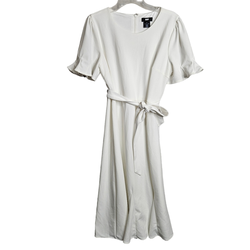 DKNY Women's White Short Sleeve Ruffle Tie Waist Midi Dress Lined NWOT Size 14